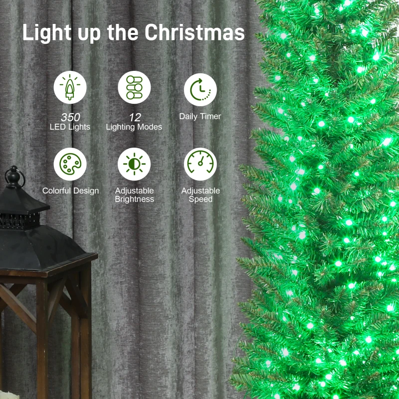 HOMCOM 9ft Christmas Tree with Colourful DIY Synchronized LEDs, Hinged Pencil Xmas Tree with Remote, Daily Timer, Green