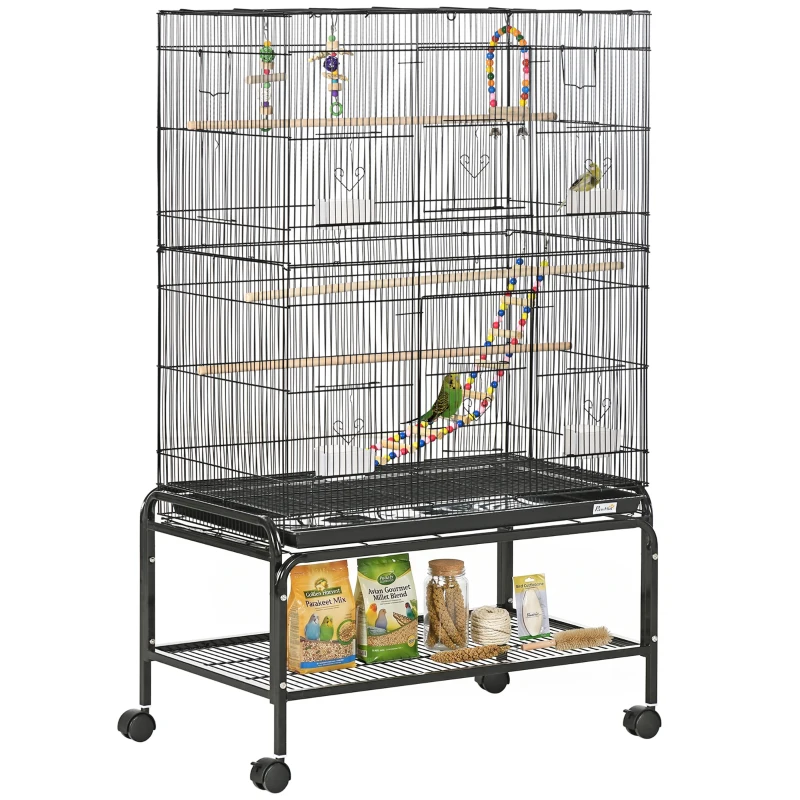 PawHut 52" Bird Cage with Rolling Stand, Toys, for Budgies Canaries Black