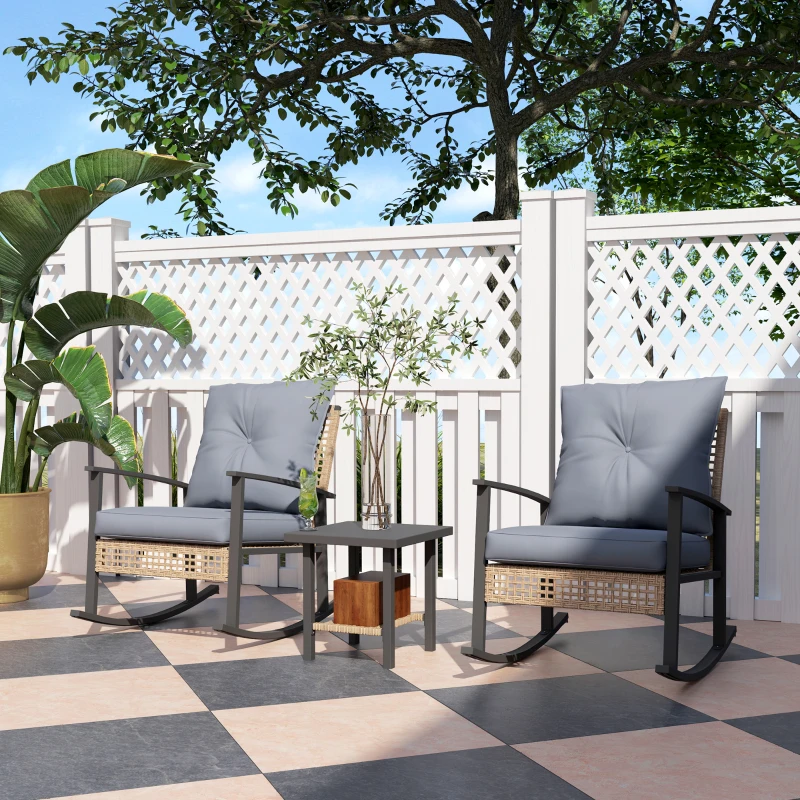 Outsunny 3 Pieces Bistro Set, Patio Wicker Furniture Set with Button Tufted Cushions, Rattan Rocking Chairs, Coffee Table, Gray