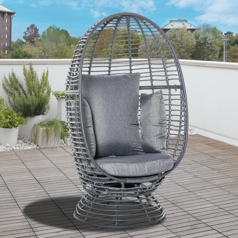 Outsunny Wicker Egg Chair, 360 Rotating Indoor Outdoor Boho Basket Seat with Cushion and Pillows for Backyard, Porch, Patio, Garden, Handwoven All-Weather PE Rattan, Steel Frame, Gray