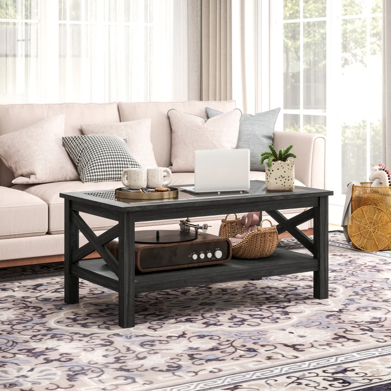 HOMCOM Coffee Table with Tempered Glass Tabletop, Living Room Table with Wood Frame and Underneath Storage Shelf, Black
