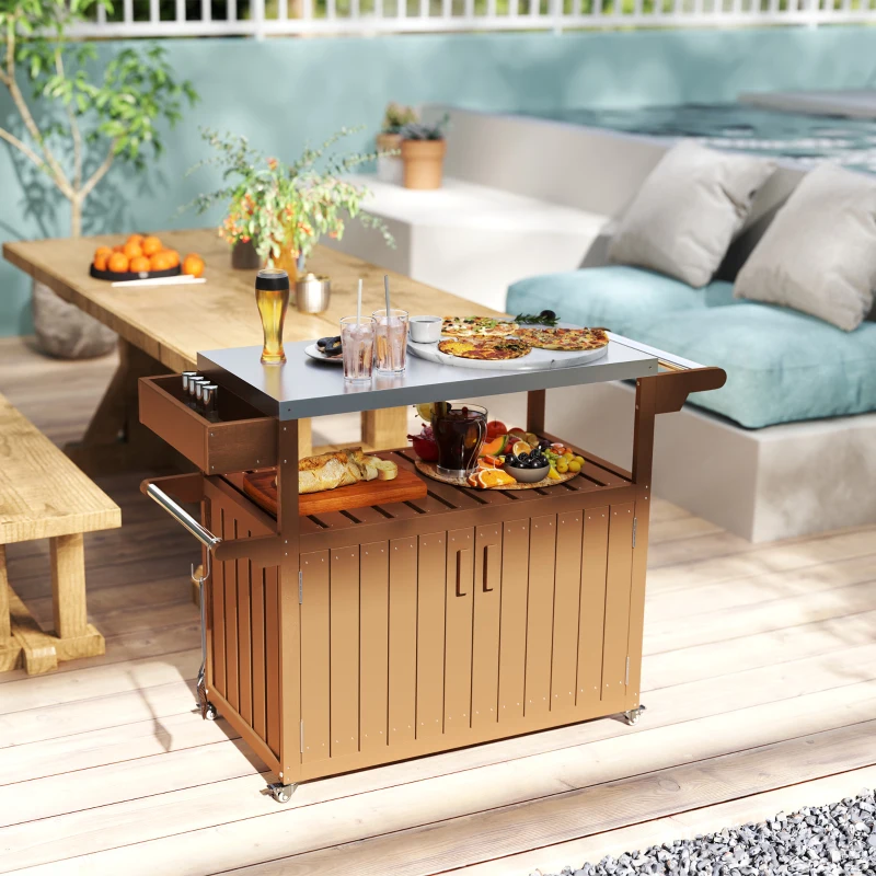 Outsunny Outdoor Bar Cart with Storage, Stainless Steel Outdoor Bar Table Top, Wheeled HDPE Kitchen Island for Food Prep, Brown