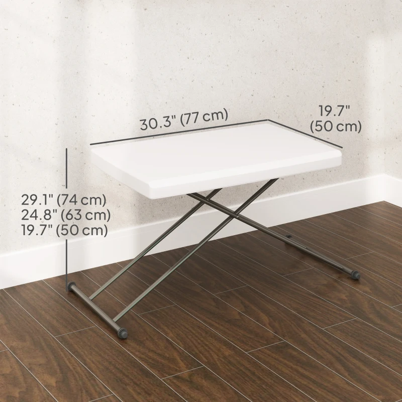 Outsunny Folding Outdoor Patio Table, 3-Level Adjustable Camping Table Picnic Table with HDPE Top, Steel Legs, White