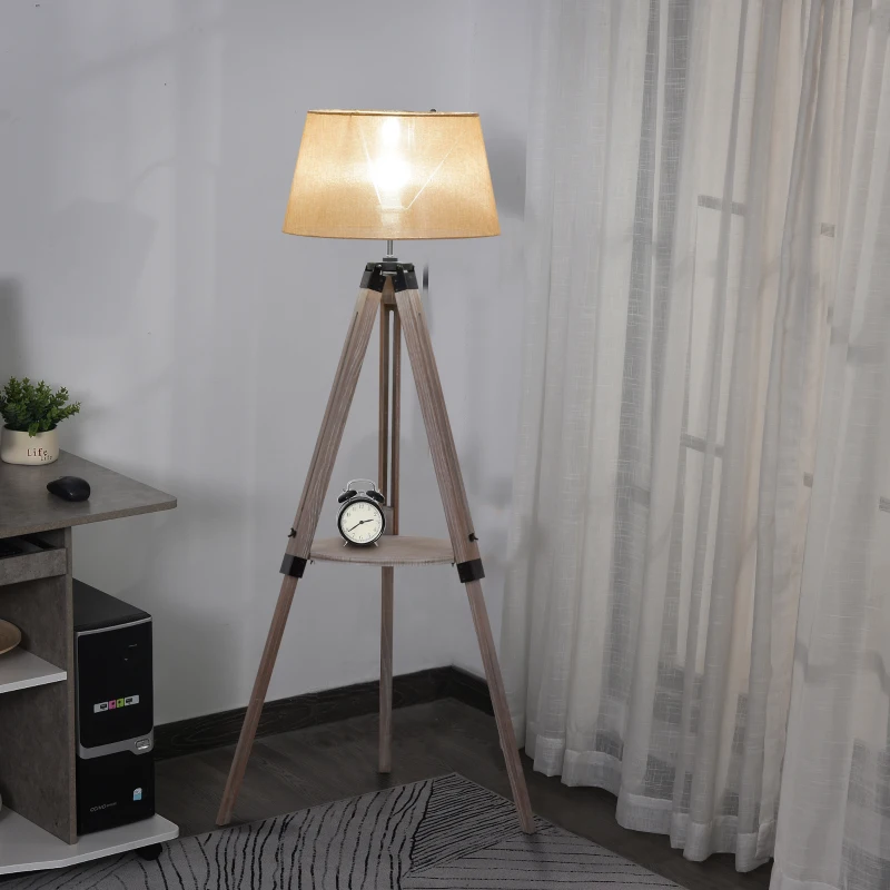 HOMCOM Multifunctional Floor Lamp with Shelf Height Adjustable Standing Lamp, Wood, and Beige