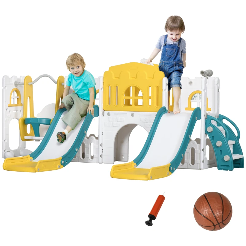 Qaba 8 in 1 Toddler Slide and Swing Set w/ 2 Slides, Basketball Hoop, Climber, Storage Space Telescope, Yellow