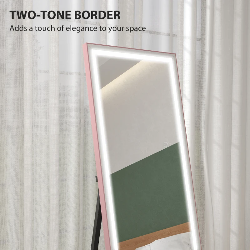 HOMCOM LED Mirror with Dimmable and 3 Colour Lights, 64" x 21" Rectangular Floor Mirror for Bedroom Living Room, Pink