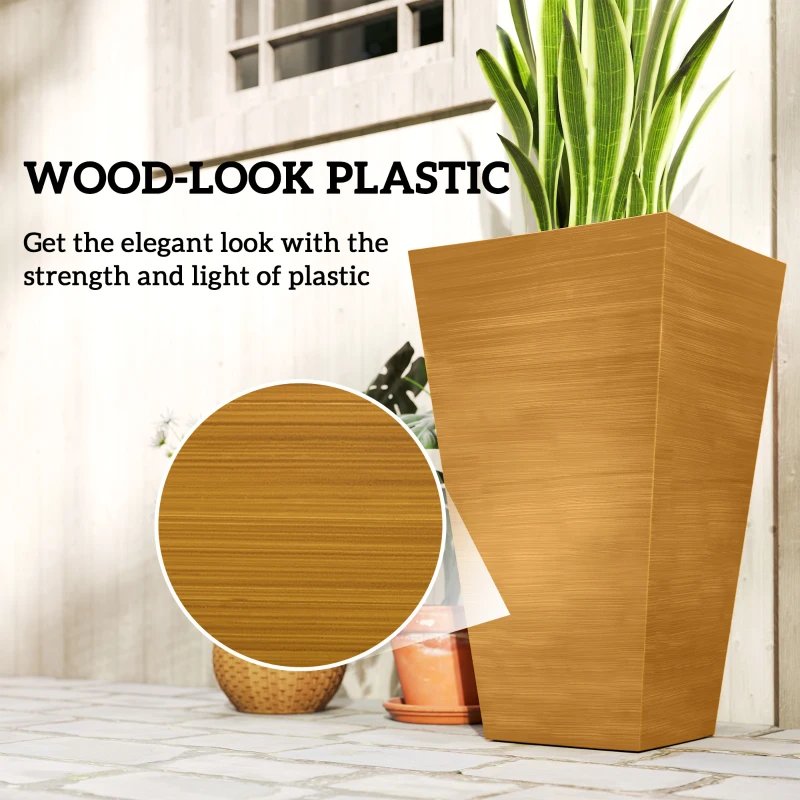 Outsunny Set of 3 Tall Planters, 28" Outdoor Planter w/ Drainage Holes, Faux Wood Plastic Flower Pots, Light Brown