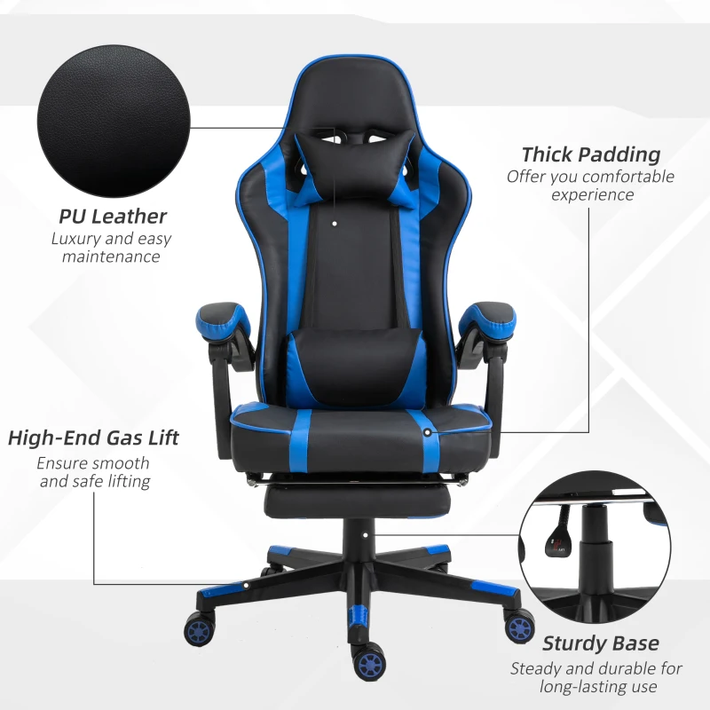 Vinsetto High Back Gaming Chair, PU Leather Racing Style Gamer Computer Chair with Retractable Footrest with Lumbar Support, Pillow and Adjustable Padded Armrests, Blue