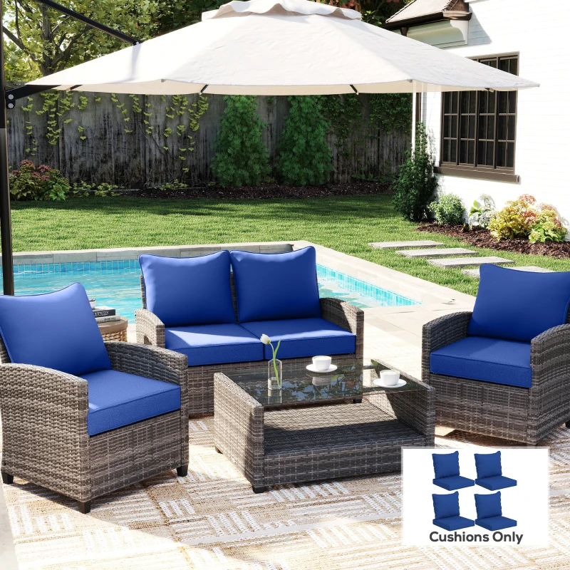 Outsunny Patio Chair Cushions Set of 4 with Seat & Backrest, Fade Resistant Seat Replacement Cushion Set, Navy Blue