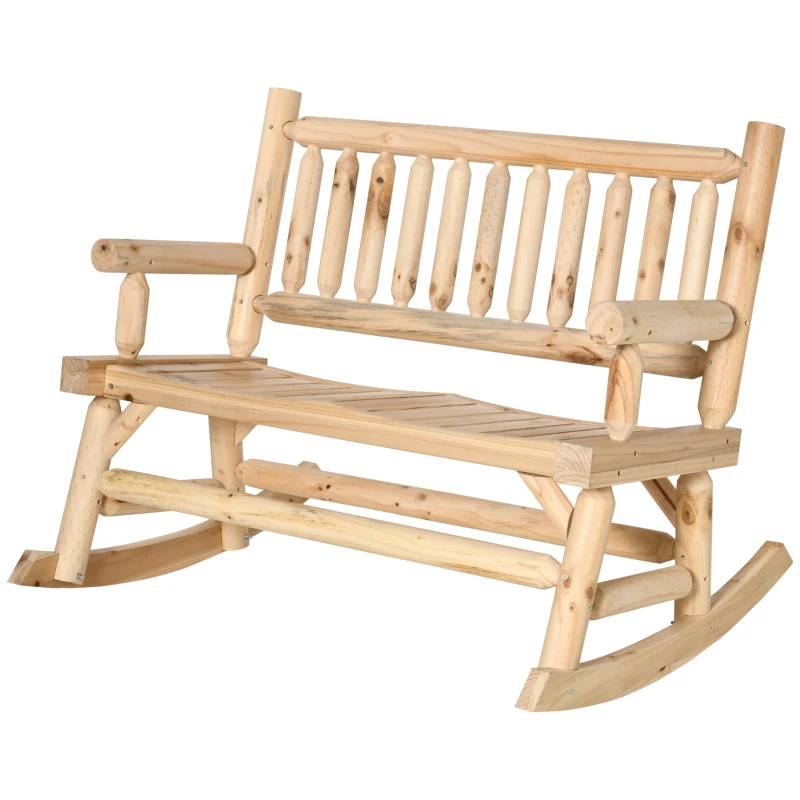 Outsunny 2-Person Wood Rocking Chair with Log Design, Heavy Duty Loveseat with Wide Curved Seats for Patio, Backyard, Garden, Natural