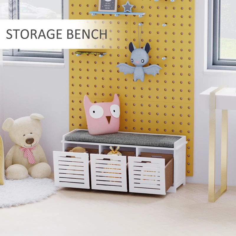 HOMCOM Upholstered Shoe Cabinet Storage Bench with Padded Cushion, with 3 drawer Enough Storage Space Bench Stool for Living Room Entryway Furniture, White