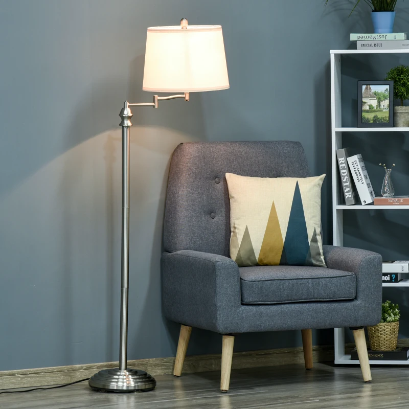 HOMCOM Standing Floor Lamp Tall Pole Light with Shade, Metal Round Base Adjustable Support Pole, E26 Bulb Base, for Bedroom, Living Room, Office, Silver/Beige