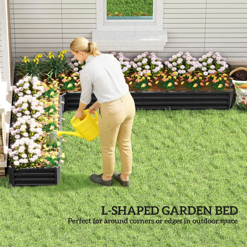 Outsunny L-Shaped Raised Garden Bed, 82" x 109" x 12" Galvanized Steel Planter Box with Multi-reinforced Rods for Vegetables, Flowers and Herbs, Black