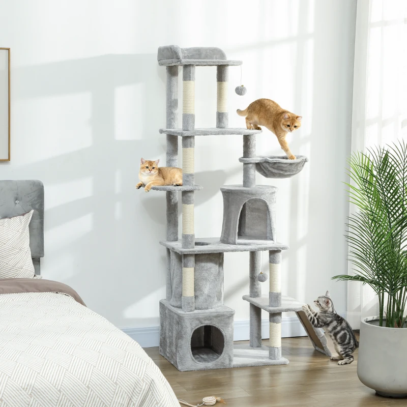 PawHut 67" Large Cat Tree with 7 Scratching Posts, Tunnel, 2 Condos, Hammock, Perch, Ramp, Pompoms, Light Grey