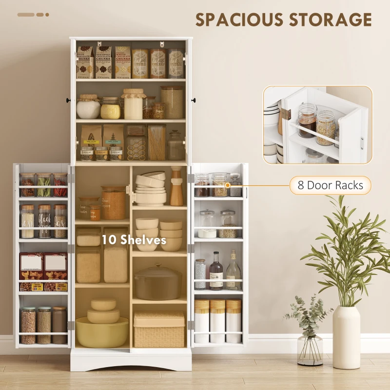 HOMCOM 64" Tall Kitchen Pantry Cabinet, Kitchen Cabinet with Soft-Close Acrylic Doors, 10 Shelves, 8 Door Racks, White