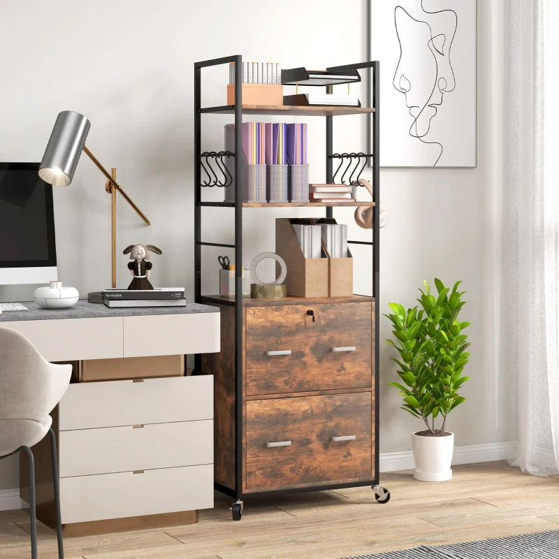 Vinsetto Mobile Filing Cabinet 2 Drawer File Cabinet with Key Adjustable Hanging Bar for Letter A4 and Legal Size Rustic Brown