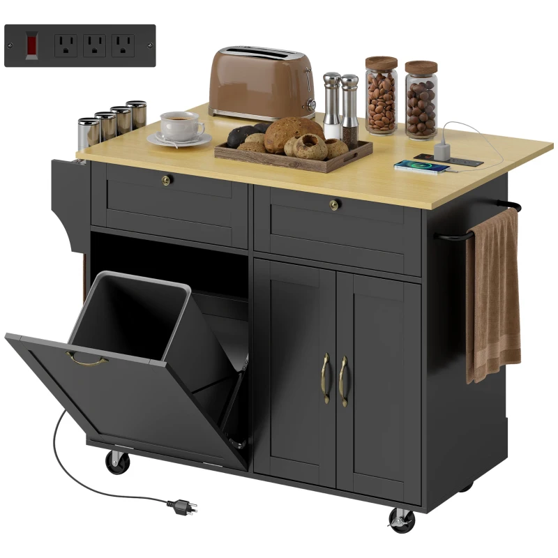 HOMCOM Kitchen Island Cart with Charging Station and Drop Leaf, Kitchen Island Table on Wheels with Trash Can Cabinet, Black