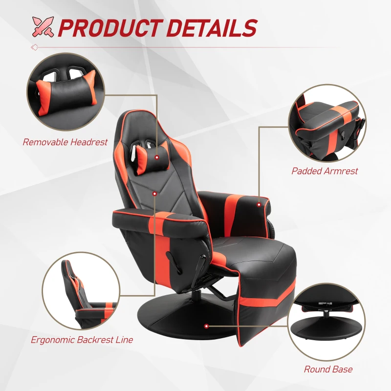 Vinsetto High Back Racing Style Gaming Chair, PU Leather Gamer Recliner Chair with Swivel Pedestal Base, Adjustable Footrest, and Head Pillow, Red