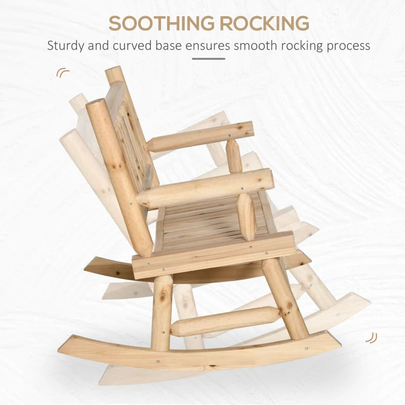 Outsunny 2-Person Wood Rocking Chair with Log Design, Heavy Duty Loveseat with Wide Curved Seats for Patio, Backyard, Garden, Natural