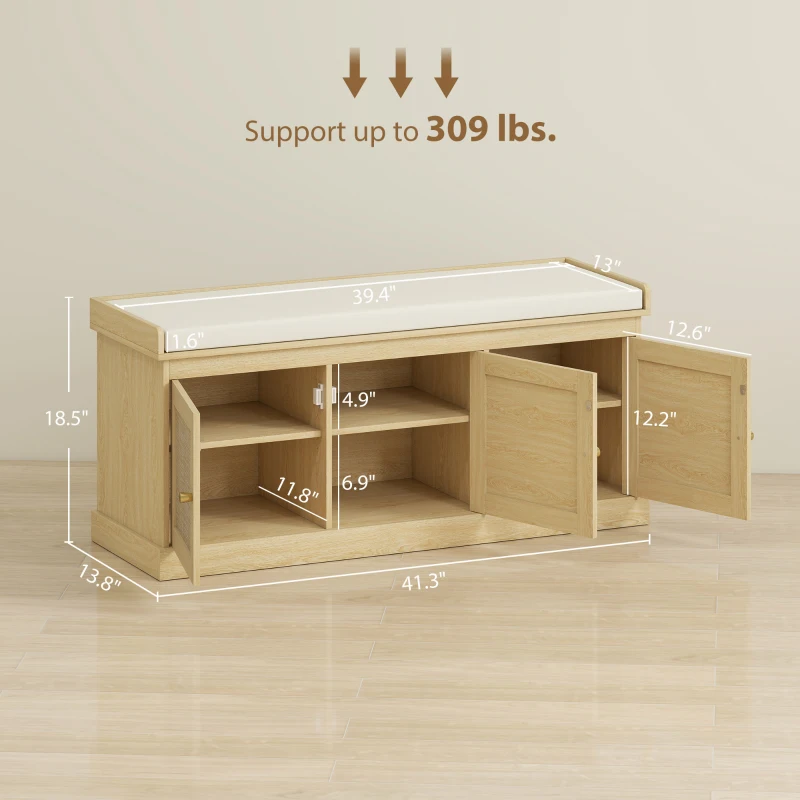HOMCOM Shoe Storage Bench with Woven Rattan Doors, Shoe Bench with Cushion, Adjustable Shelves, Entryway Bench, Oak Tone