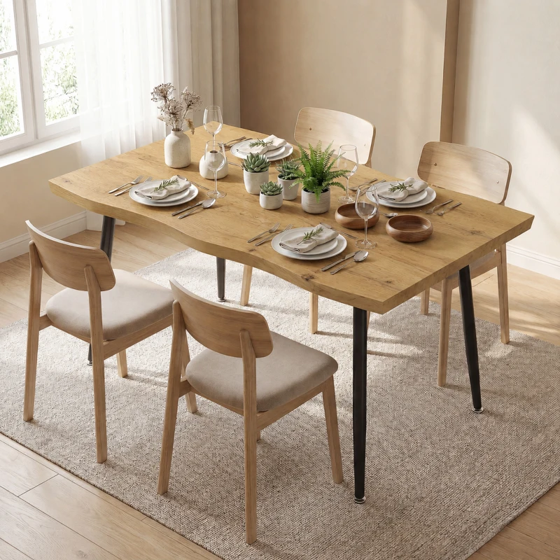 HOMCOM Dining Table Modern Nordic Kitchen Table Seats 4 People Thick Curved Tabletop Oak Grain Black 43.3" x 27.6" x 29.5"
