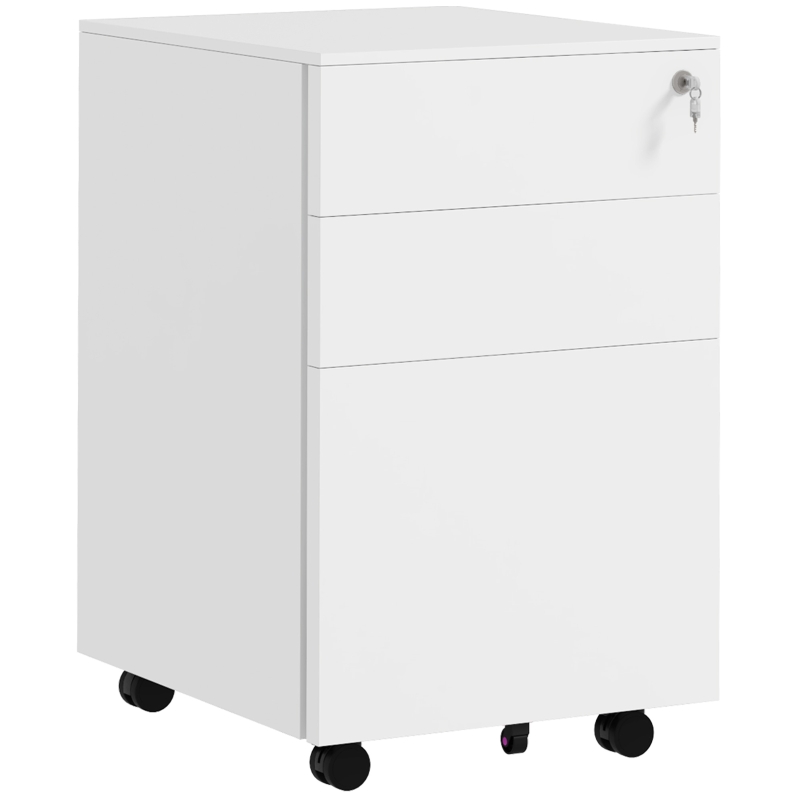 Vinsetto Vertical Steel Filing Cabinet on Wheels, 3-Drawer Lockable File Cabinet with Adjustable Hanging Bar for A4, Legal and Letter Size, for Home Office, White
