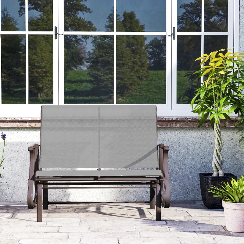 Outsunny Garden Double Gliding Chair, Patio Glider Armchair for Outdoor, Backyard Mesh Seat and Backrest, Steel Frame, Light Grey