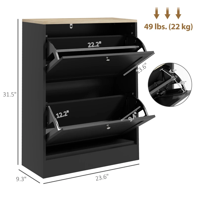 HOMCOM Slim Shoe Storage Cabinet, Modern Shoe Cabinet with 2 Flip Drawers and Adjustable Shelves for 8-12 Pairs, Black