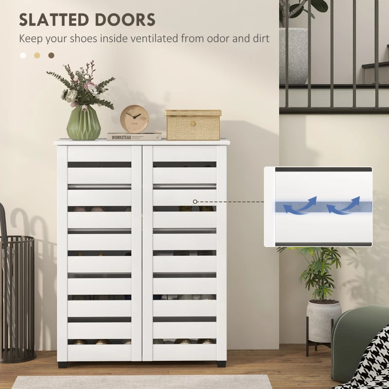 HOMCOM Shoe Storage Cabinet, Shoe Cabinet with 2 Slatted Doors for 15 Pairs of Shoes, White
