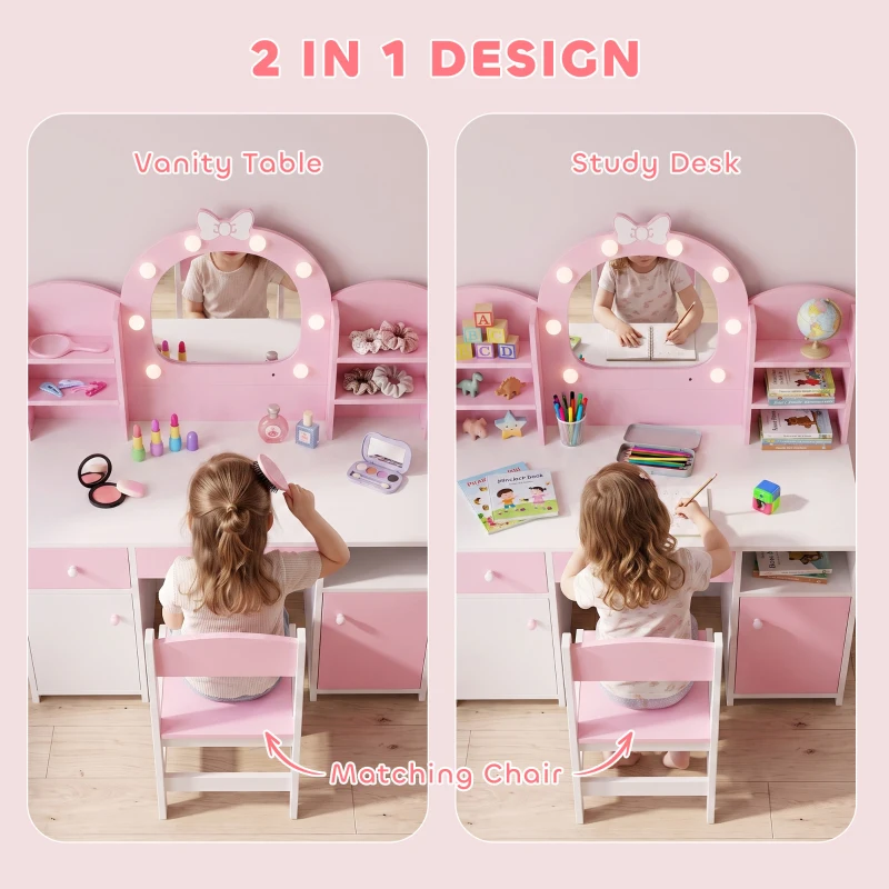 Qaba Kids Vanity Set, Toddler Dressing Table and Chair Set  with Lighted Bow Mirror, Cabinet, Drawer and Shelves, Pink