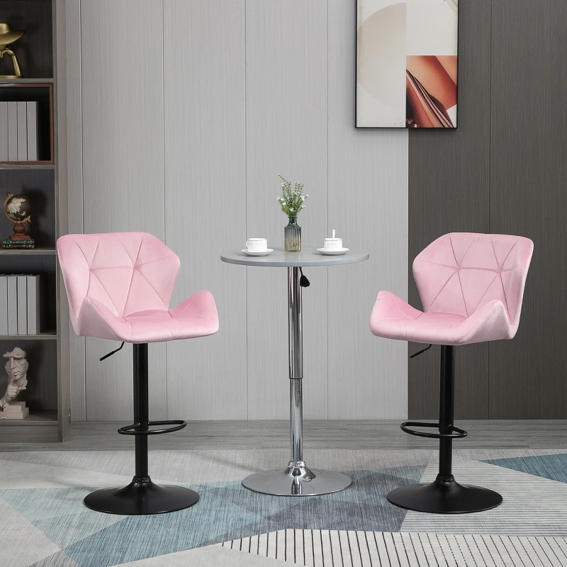 HOMCOM Velvet-Touch Bar Stool Set of 2 Fabric Adjustable Height Armless Counter Chairs with Swivel Seat, Pink