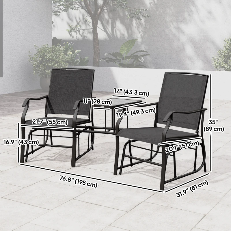 Outsunny Double Patio Glider Chair with Glass Top Center Table, Outdoor Glider Loveseat with High Back,  All Weather Breathable Mesh Fabric for Garden, Backyard, Deck, Black