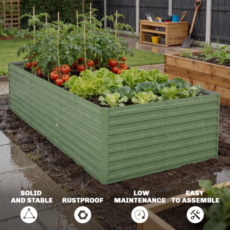 Outsunny 8 x 4 x 2ft Galvanized Raised Garden Bed, Reinforced Outdoor Planter Box with Open Bottom, Light Green