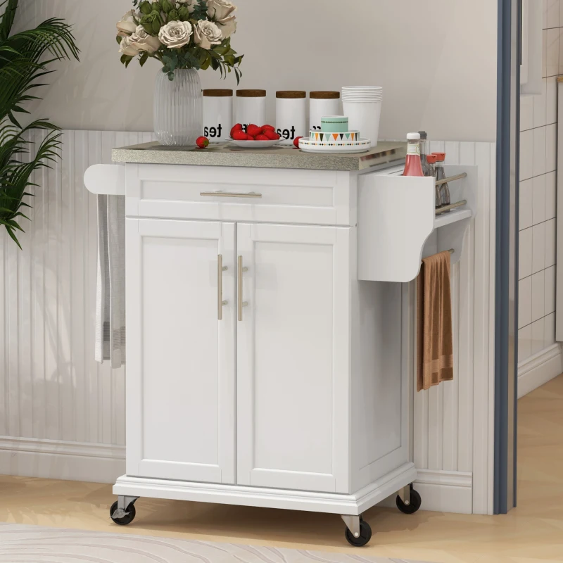 HOMCOM Kitchen Island with Wheels, Rolling Kitchen Island with Storage, Stainless Steel Countertop for Dining Room, Cream White
