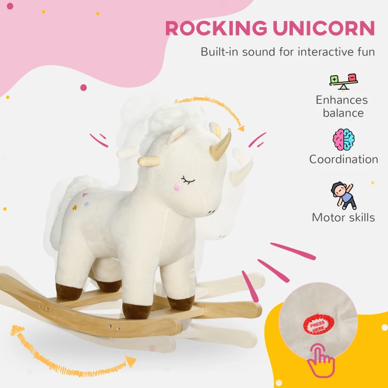 Qaba Kids Rocking Horse, Ride on Unicorn with Realistic Sounds & Wooden Base for Years 2-4, White