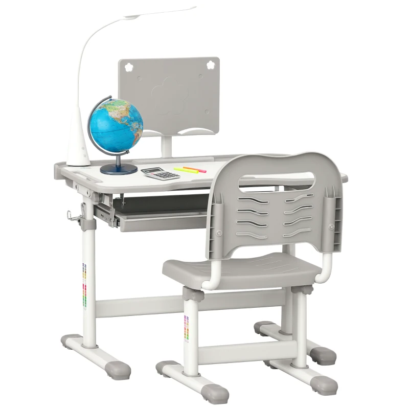 Qaba Kids Desk and Chair Set, School Study Desk with USB Light, Storage Drawer for Writing, Activities, Arts, or Crafts, Gray and White