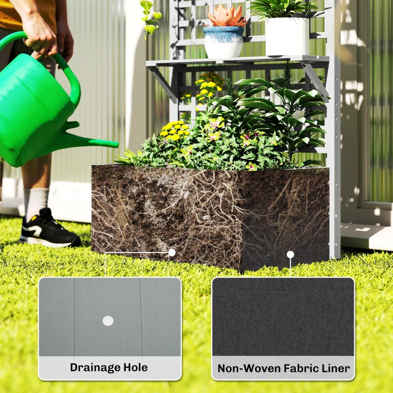 Outsunny Wooden Raised Garden Bed with Trellis and Roof, Elevated Planter Box with 2 Shelves, Drainage Hole and Liner, Grey
