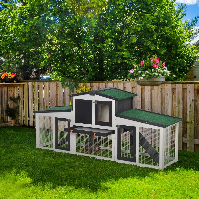 PawHut Wooden Large Rabbit Hutch with Double Runs, Removable Tray, Ramps, Roof, 78" x 19" x 34", Outdoor Use, Gray