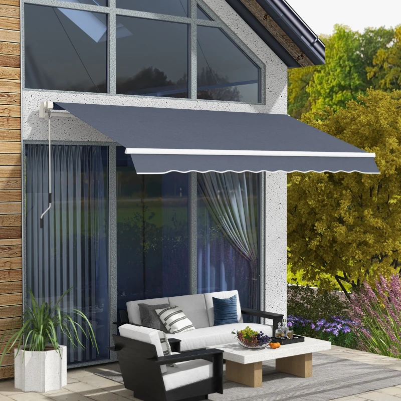 Outsunny 12' x 8' Patio Awning, Canopy Retractable Sun Shade Shelter w/ Manual Crank Handle for Deck, Yard, Dark Gray