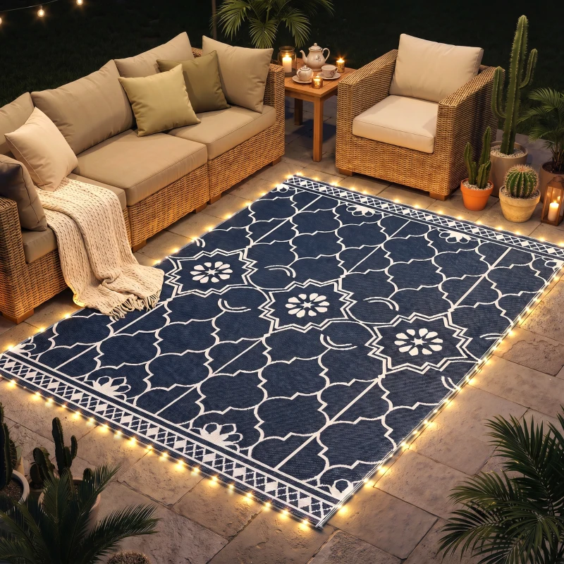 Outsunny Reversible Outdoor Rug Carpet with LED Lights, 10' x 8' PP Straw Rug with Carry Bag and Ground Stakes