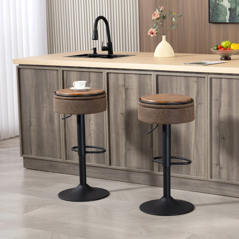 HOMCOM Set of 2 Barstools with Storage, Swivel Bar Stools with PU Leather Upholstered, Footrest, Steel Base, Brown