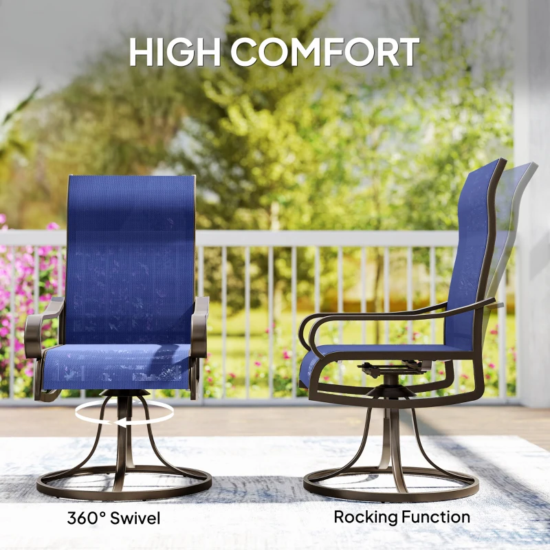Outsunny Patio Dining Chairs Set of 2, 360° Swivel Rocking Outdoor Chairs with Armrests, Breathable Mesh, Navy Blue