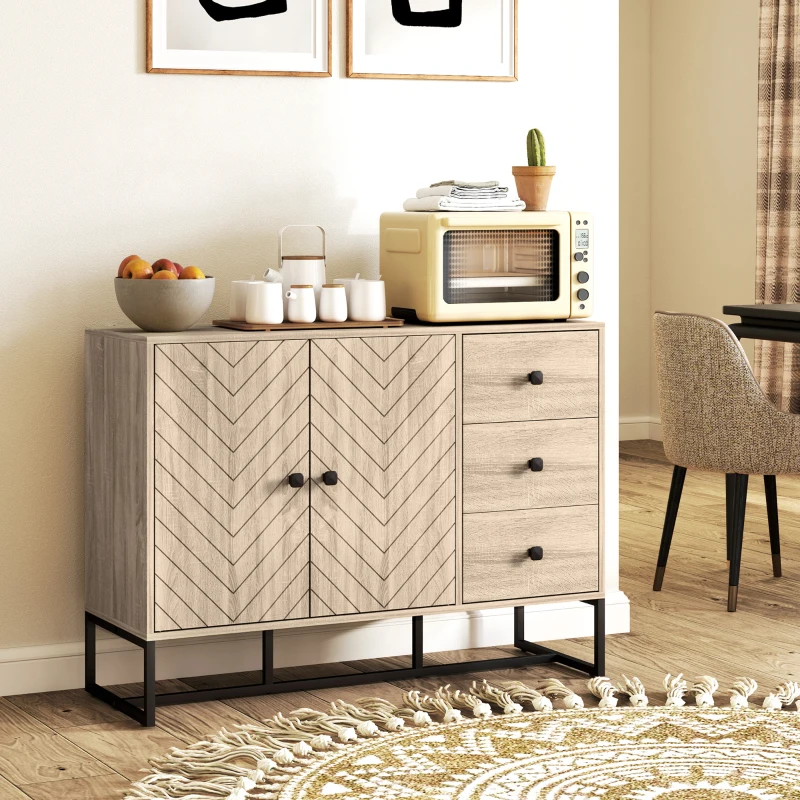 HOMCOM Modern Sideboard, 42.5" Buffet Cabinet with Adjustable Shelves and 3 Drawers, Coffee Bar Cabinet with 2 Doors, Oak