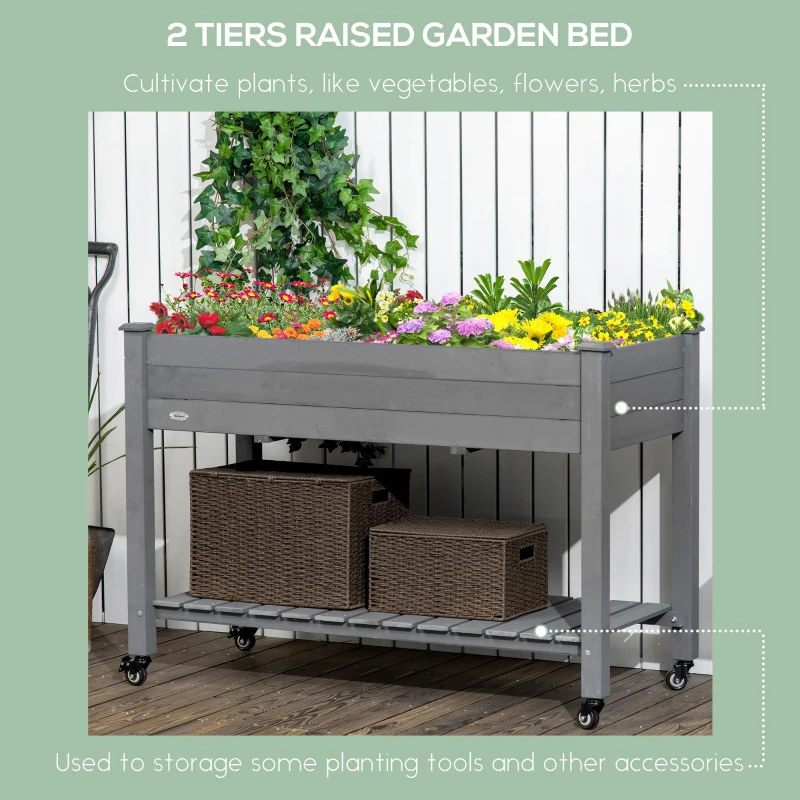 Outsunny 47" x 21" Raised Garden Bed Elevated Wooden Planter Box w/ Lockable Wheels, Storage Shelf for Backyard, Dark Gray