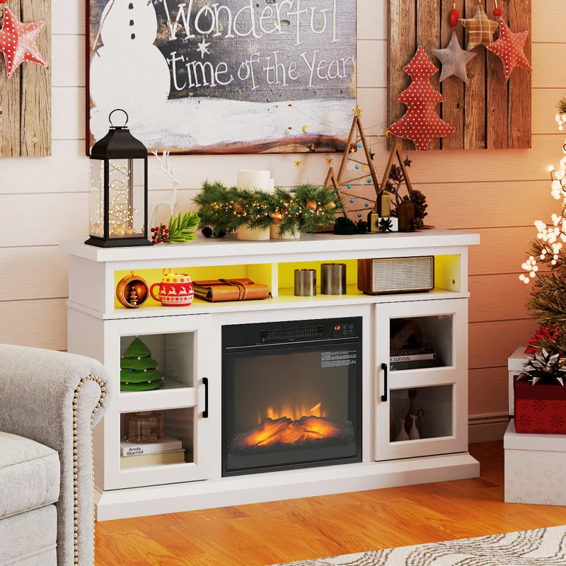 HOMCOM 48" Fireplace TV Stand for TVs Up to 55 Inches, Media Entertainment Center with 3D Flame, Adjustable Shelves, White
