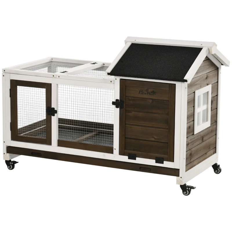 PawHut Rabbit Cage with Wheels, Ramp, Run, Tray for Indoor Outdoor, Suitable for Rabbit, Guinea Pig, Coffee