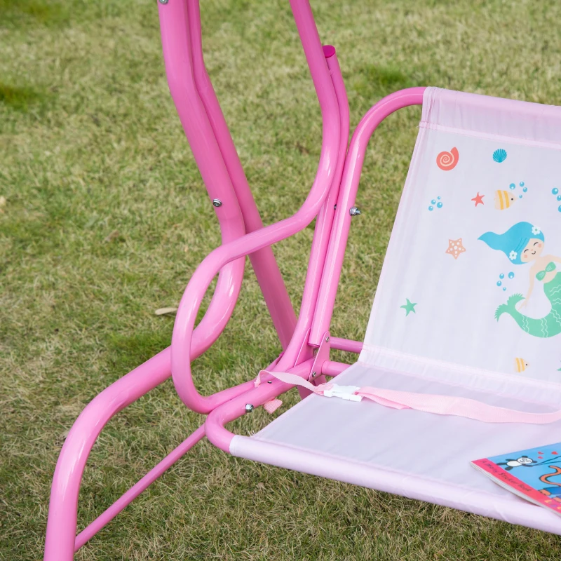 Outsunny 2-Seat Kids Porch Swing Chair, Children Outdoor Patio Furniture Lounge Chair for Garden, with Adjustable Canopy, Seat Belt, Mermaid Pattern, for 3-6 Years Old, Pink