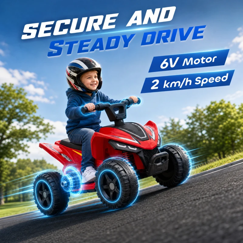 Qaba 6V Kids ATV, 4 Wheels Kids Quad with Button Control, 45Mins Runtime, Max 1.2MPH, Max 55lbs Load for 18-48 M, Red