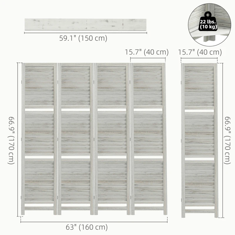 HOMCOM 4-Panel Wall Partition Room Separator with 3 Storage Shelves Foldable Design Wooden Frame 5.6FT Distressed White