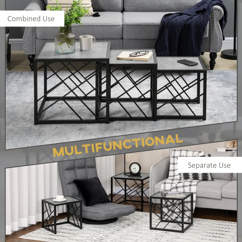 HOMCOM Nest of Tables Set of 3, Square Coffee Table Set with Metal Frame for Living Room, Bedroom, Grey